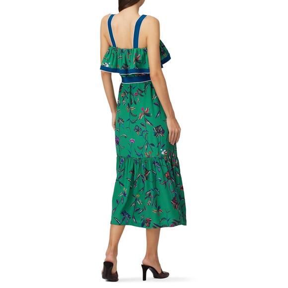 DEREK LAM Green Floral 100% Silk Ruffled Popover Cami Style Midi Dress Size 2 - Picture 2 of 15